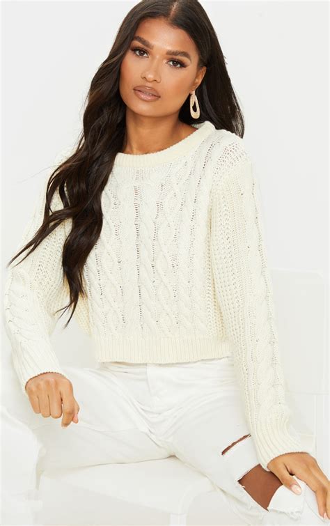 Cream Cable Knit Cropped Sweater Knitwear Prettylittlething