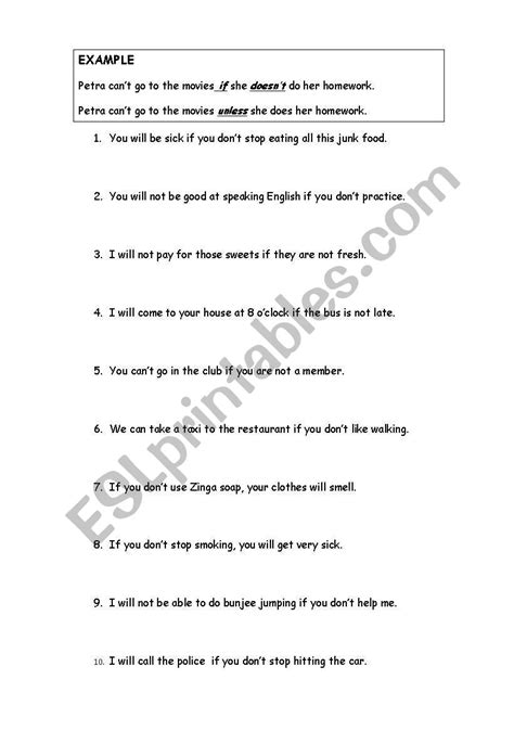 English Worksheets CONDITIONALS UNLESS