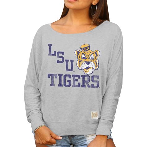 Original Retro Brand Lsu Tigers Women S Gray Relaxed Boatneck Dolman Long Sleeve T Shirt