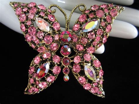 Vintage Pink Rhinestone Butterfly Pin Brooch From