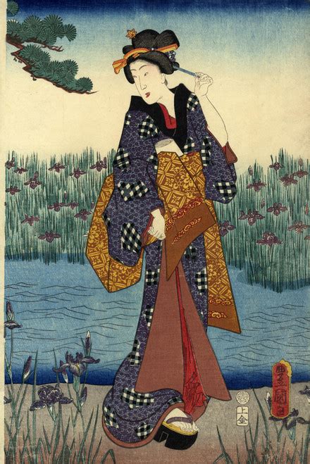traditional japanese woodblock female by pond surrounded by iris cool wall decor art print
