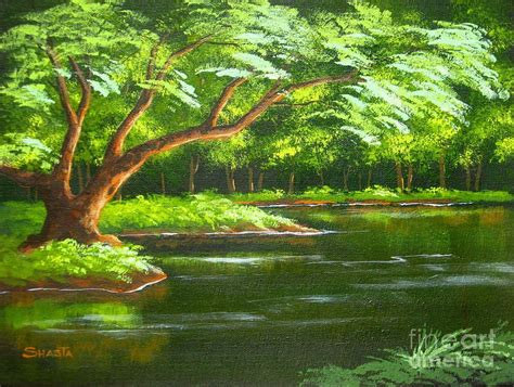 Landscape Painting Tree On A River Bank River Bank Image Bank