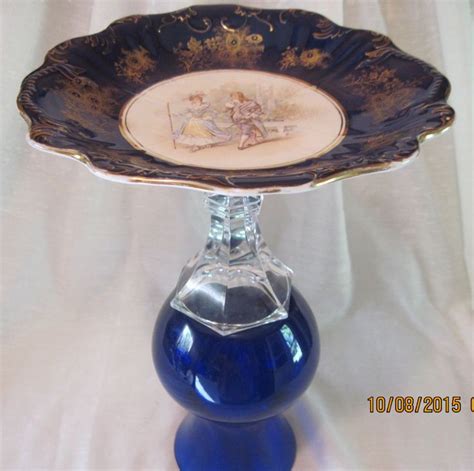 Cobalt Blue And Gold Trimmed Bird Bath