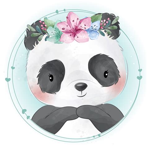 Pequeño Panda Lindo Con Retrato Floral Vector Premium