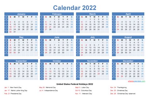 2022 One Page Calendar Printable Excel Calendar Template Yearly