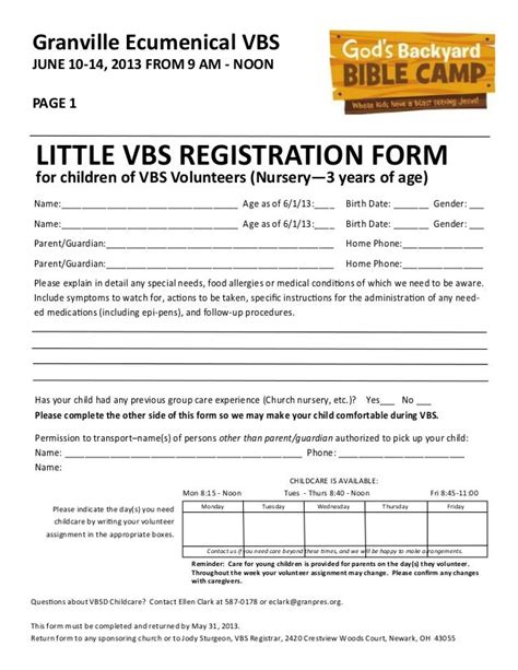 Little Vbs Registration Forms 2013