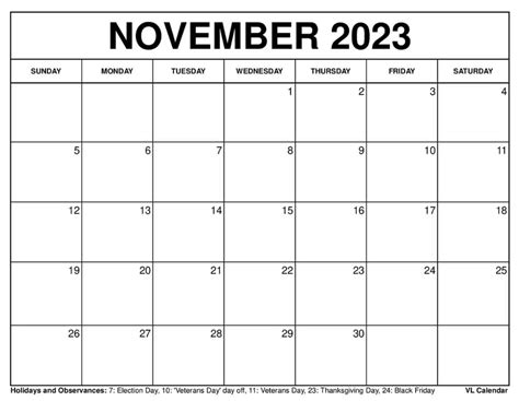 November 2023 Calendar Printable Templates With Holidays Vl Calendar