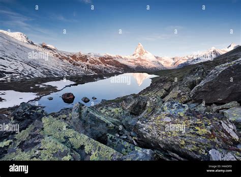 Switzerland Zermatt Matterhorn Stellisee Lake Pennine Alps Stock