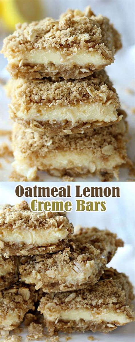 Combine flour, oatmeal, salt, and baking soda, then add sugar, pour in melted butter, vanilla and knead to wet dough. Oatmeal Lemon Creme Bars