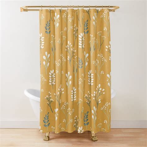 Mustard And Teal Botanical Garden Leaves Floral Print Shower Curtain By