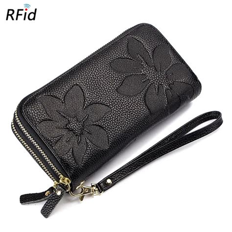 Rfid New Double Zipper Clutch Wallet Women Genuine Leather Cell Phone