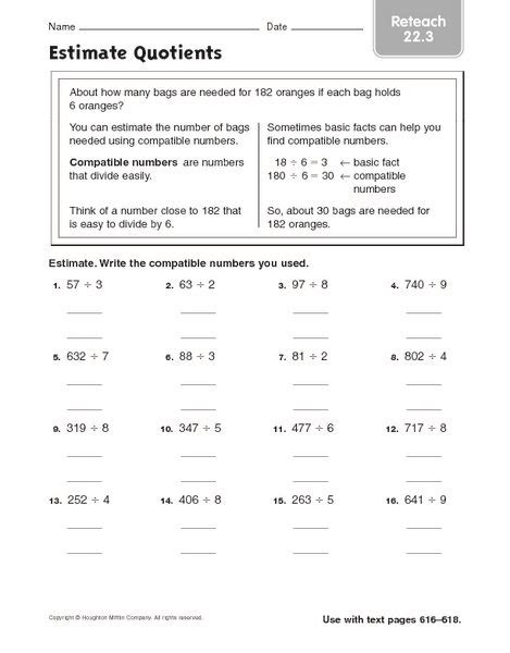 Estimating Quotients Using Compatible Numbers Worksheets