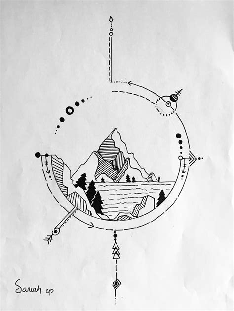 Mountain and compass line art drawing black pen | Circle drawing, Black