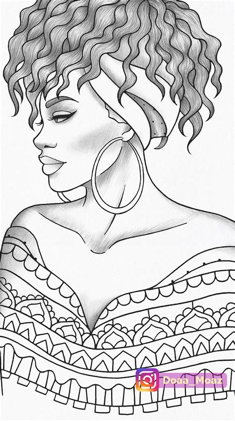 Coloring pages for adults aesthetic. Printable coloring page black girl portrait and clothes ...