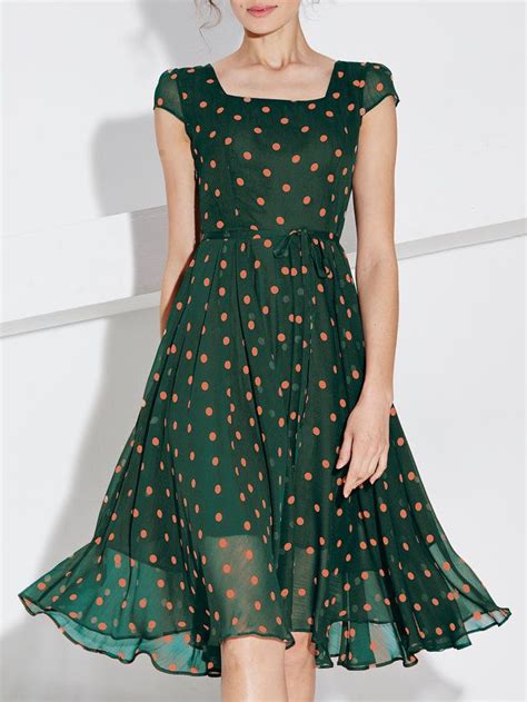 Green Casual Polyester Polka Dots Midi Dress Fashion Short Dresses Trendy Dresses