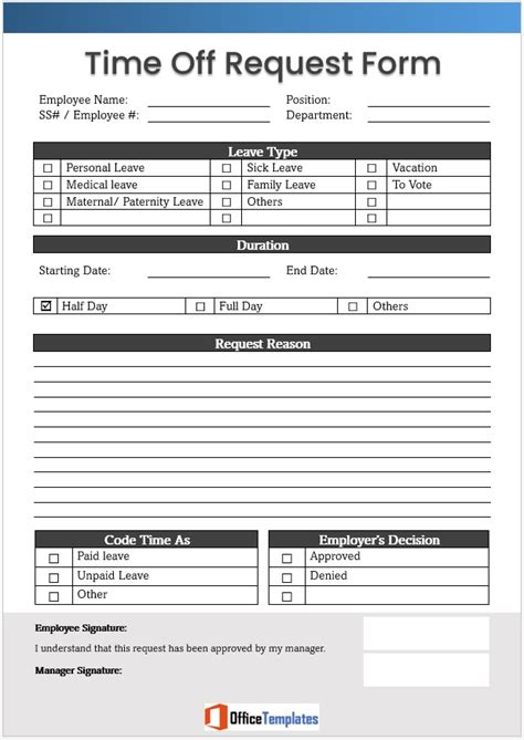 Time Off Request Form Office Templates