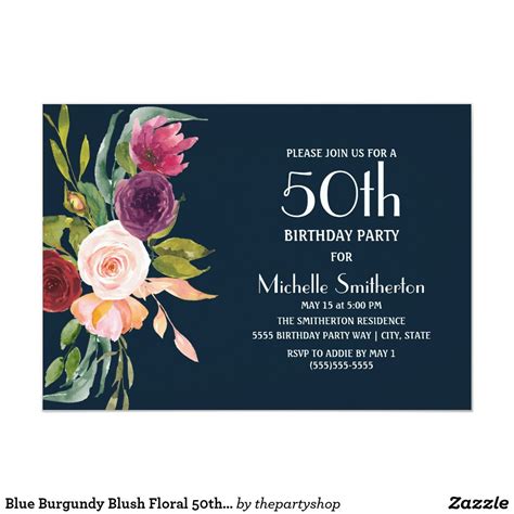 Navy Blue Burgundy And Blush Pink Watercolor Floral 50th Birthday