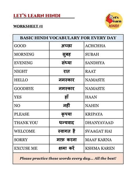 Hindi Vocabulary Worksheet 1 Learn Hindi Hindi Language Learning