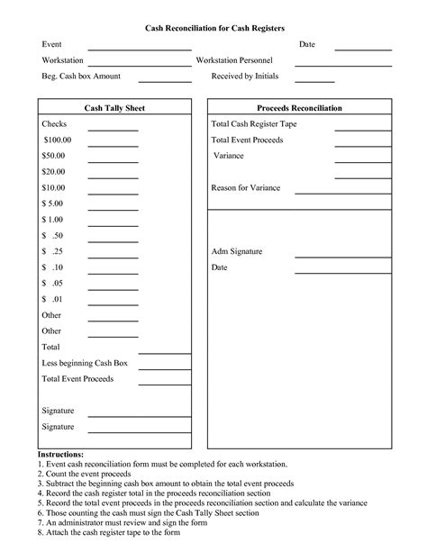 Printable Cash Count Sheet Excel