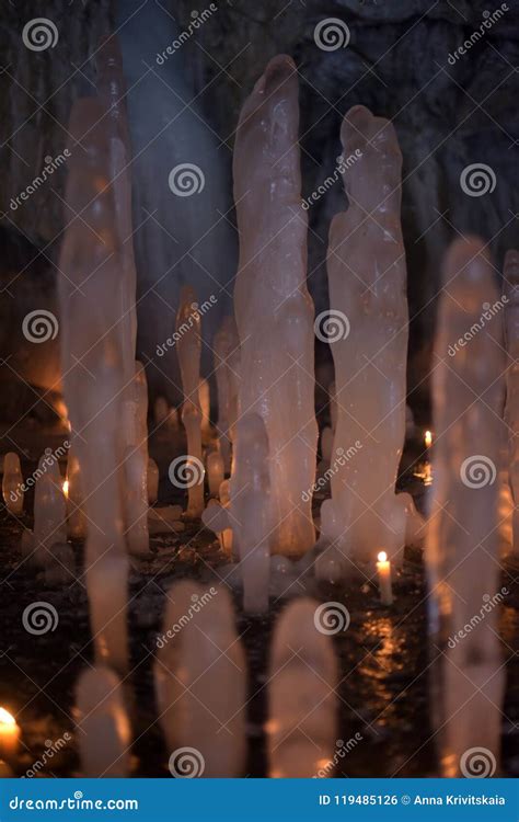 Stalagmites From Ice Illuminated By Candles Stock Photo Image Of