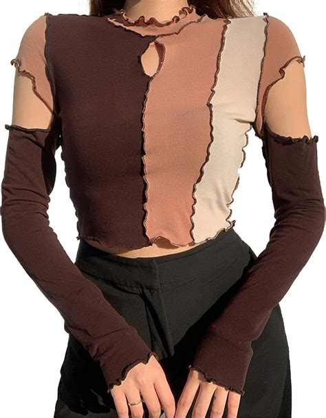 Damen Patchwork Crop Top Y2k Sexy Hollow Out Color Block Shirt Langarm Slim Fit Bluse E Girl