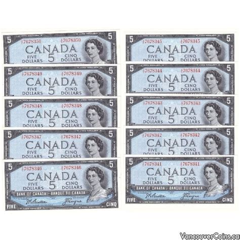 10x 1954 Canada 5 Consecutive Banknotes Xc 7678341 50 Choice Unc64