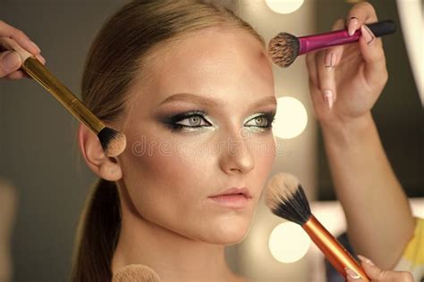 Many Hands Doing Makeup To Young Woman Stock Image Image Of Concept