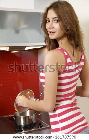Portrait Sexy Housewife Tasting Dish Kitchen Stock Photo Shutterstock
