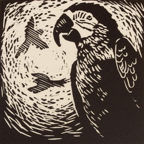 Signed Black And White Linoleum Block Print Of Birds Macaws Novica