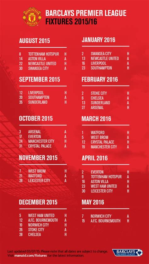 Jadwal & hasil kalteng putra fc 2019. Jadwal Pertandingan Manchester United - Liga Inggris 2015/2016