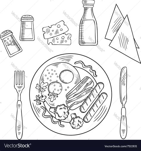 Sketch Of Tasty Cooked Dinner On A Plate Vector Image