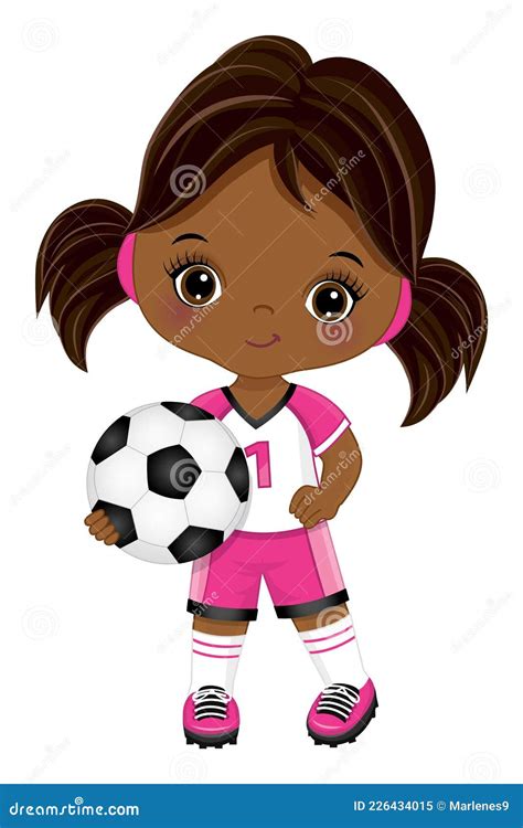 Cute Little Soccer African American Girl Holding Ball Vector Black