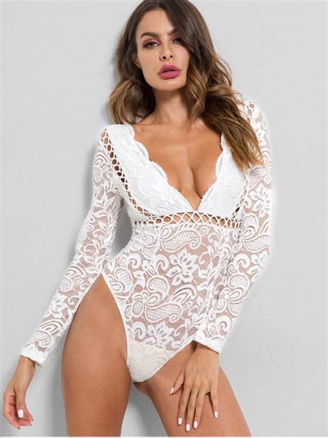 36 Off Hot 2019 Hollow Out See Through Lace Bodysuit In White Zaful