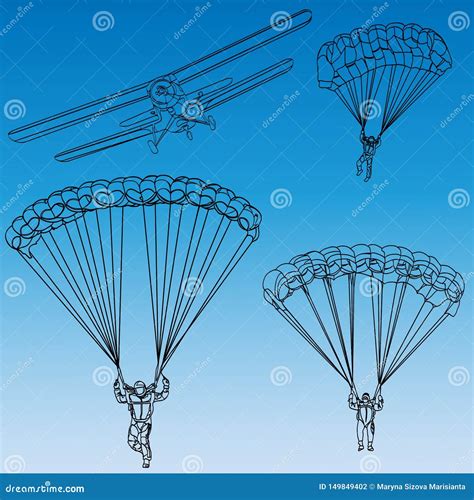 Set Of Black Silhouettes Of Flying Parachutists And Airplane Isolated