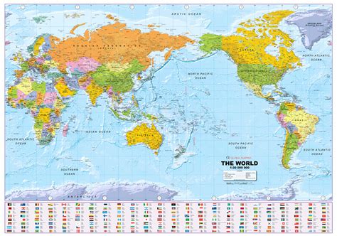 World Political Wall Map Pacific Centred Large Xyz Maps