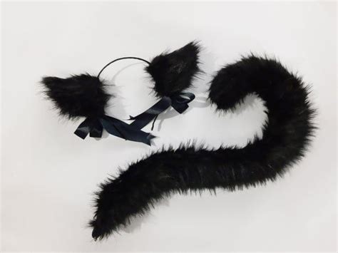 Fluffy Fuzzy Black And White Cat Ears And Tail For Cosplay And Halloween
