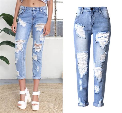 2016 Big Hole Jeans For Women With Ripped Jeans Light Blue Denim Pants