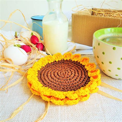 Sunflower Crochet Coasters Rustic Kitchen Decor Set Of 2 Crochet