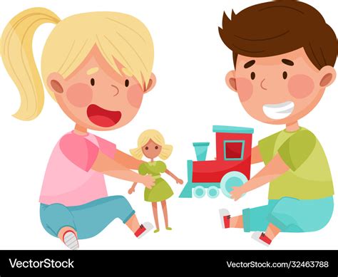 Friendly Kids Playing Together And Sharing Toys Vector Image