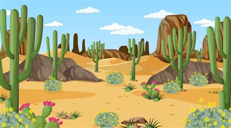 Desert Forest Landscape At Daytime Scene With Many Cactuses Stock