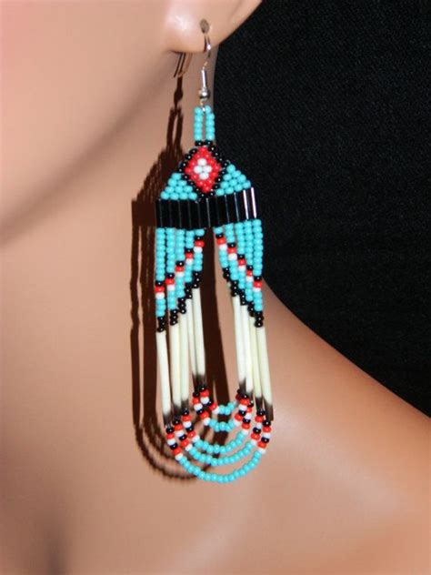 Native American Turquoise Quill Loop Earrings With By Lakotacharm Brick