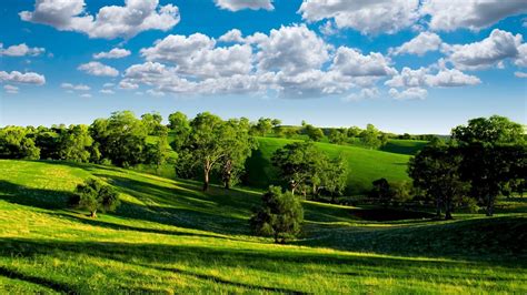 Wallpaper Green Valley Nature Scenery Blue Sky White Clouds Trees