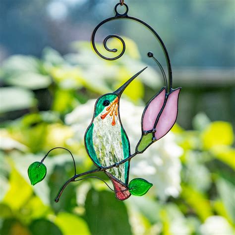 Stained Glass Hummingbird With A Pink Flower Suncatcher For Window