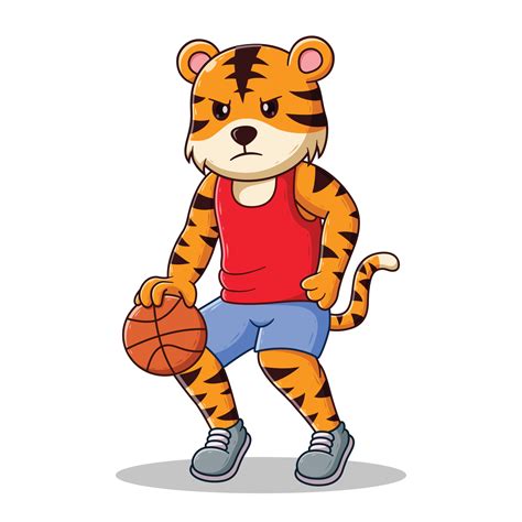 Angry Tiger Playing Basketball Cartoon Animal Icon Concept Flat