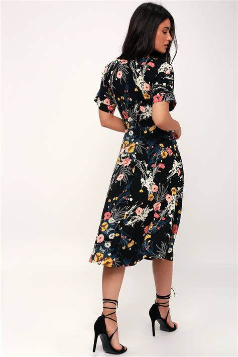 Chic Black Dress Floral Print Dress Short Sleeve Midi Dress