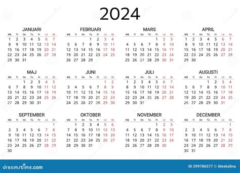 2024 Swedish Calendar Printable Editable Vector Illustration For