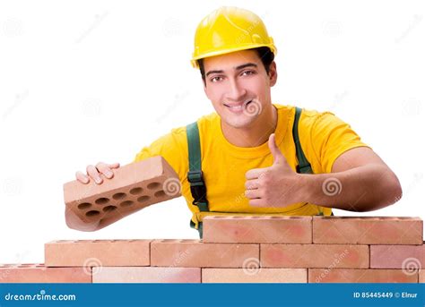 The Handsome Construction Worker Building Brick Wall Stock Image
