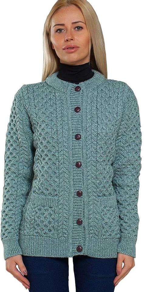 Cardigans 100 Irish Merino Wool Ladies Zip Aran Sweater With Pockets