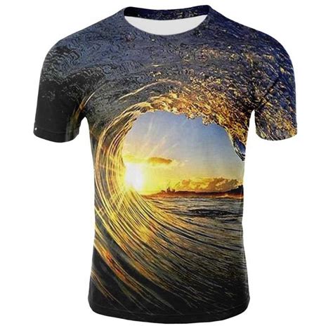 3d Digital Printed Sunset Wave Pattern Mens T Shirt Multi