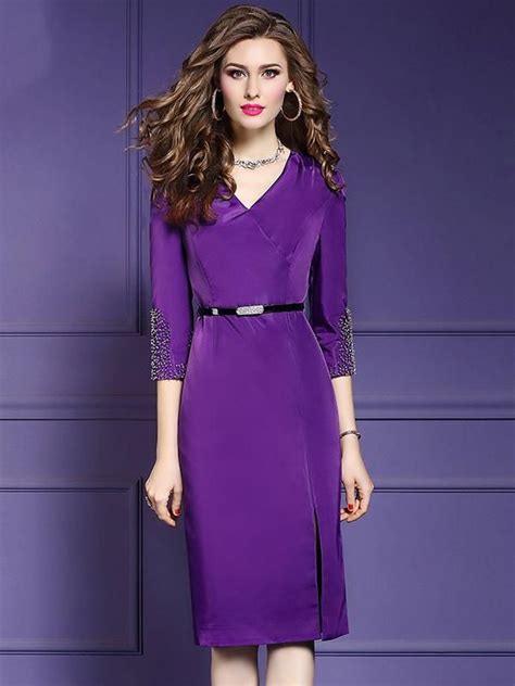 Elegant Purple Sheath V Neck Sleeve Bodycon Dress Xl Xl All Season Empire L M Mid